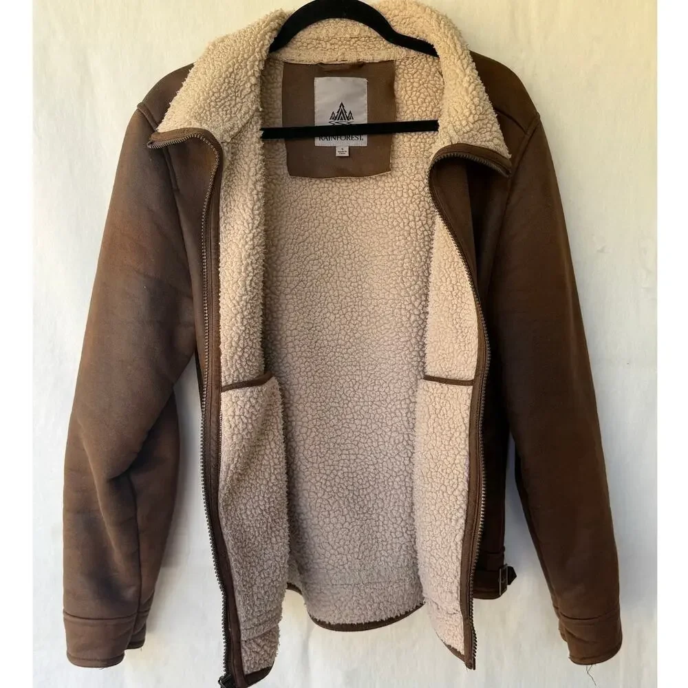 Rainforest Men's Brown Faux Shearling Lined Aviator Flight Jacket Size Small